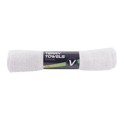 Emery Jensen cotton terry towels 3-pack for cleaning and waxing, showing soft, absorbent cloths with textured terry surface.