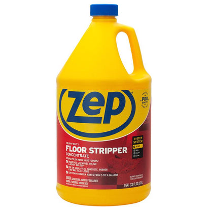 Emery Jensen floor liquid stripper packs of 4, wax remover liquid solution for flooring, in clear bottles with labels.