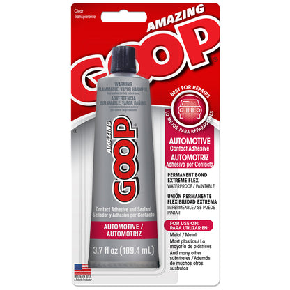 Emery Jensen Glue Auto Goop 3.7 oz for weather strip and trim, shown in a clear container with applicator nozzle.