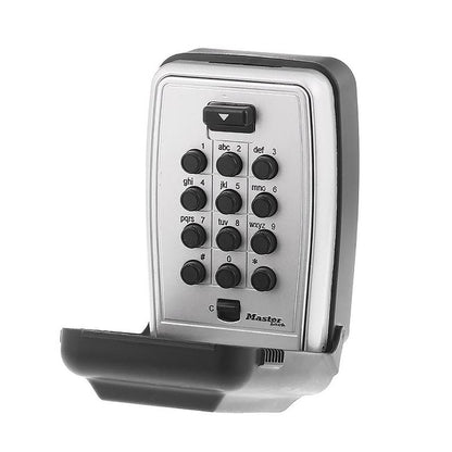 Weatherproof wall key safe by Emery Jensen, mounted on a wall, designed for secure outdoor key storage.