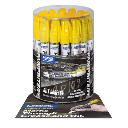 Pack of 36 yellow liquid paint markers by Emery Jensen for welding accessories, shown with vibrant yellow ink tips.
