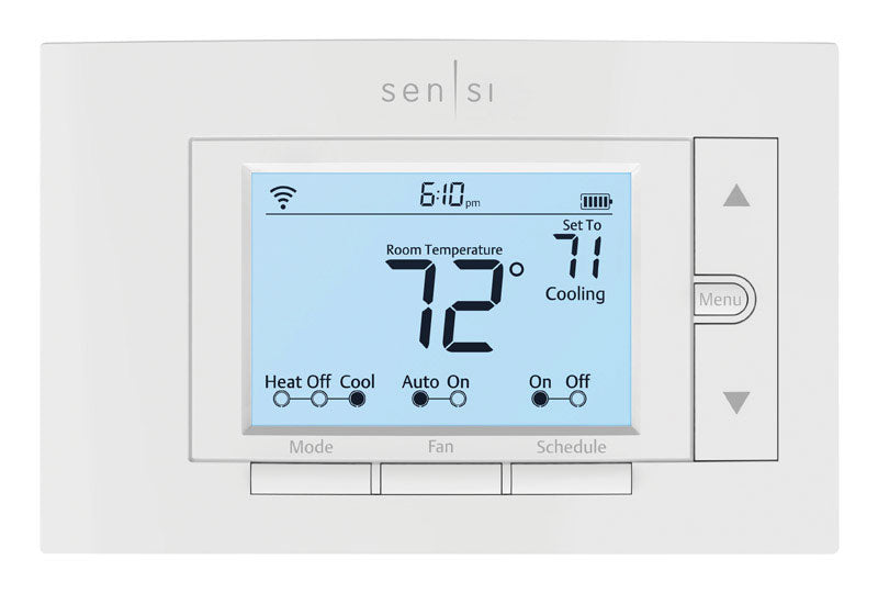 Emery Jensen Sensiclassic WiFi connected thermostat mounted on wall displaying digital temperature controls.