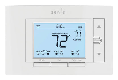 Emery Jensen Sensiclassic WiFi connected thermostat mounted on wall displaying digital temperature controls.