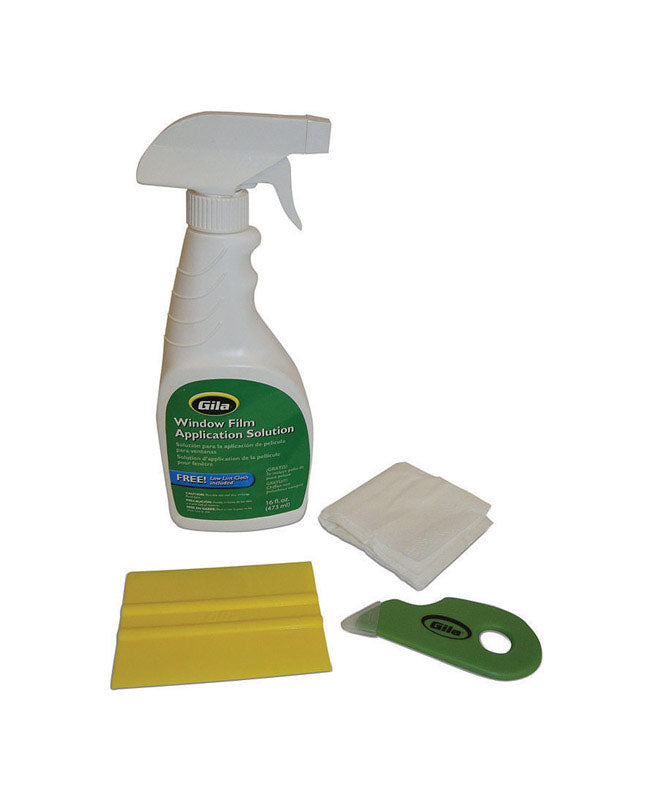 Emery Jensen window film application kit with tools for installing window film on glass surfaces.