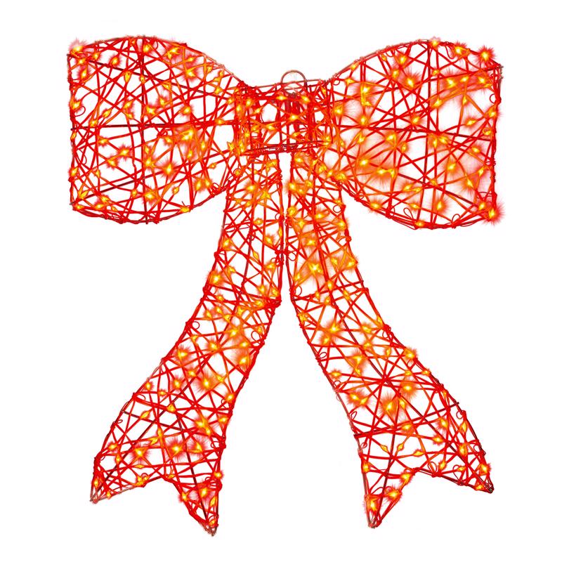 Red LED hanging bow window silhouette by Emery Jensen, decorative holiday or event decor with illuminated, festive design.