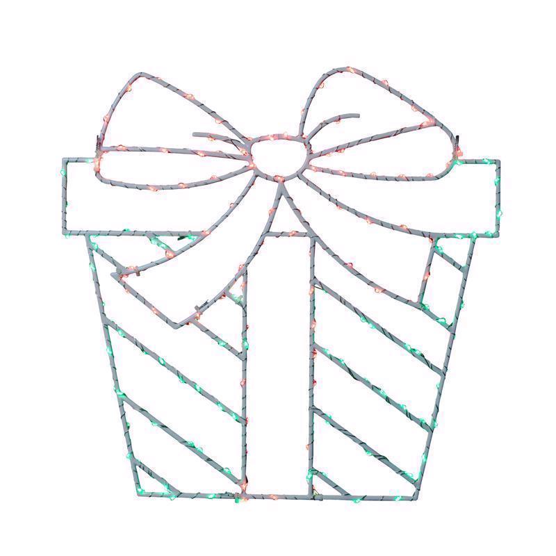 Emery Jensen 15-inch LED window silhouette with a present-themed design, decorative holiday window decor.