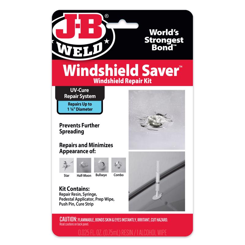 Emery Jensen windshield repair kit with sealant for fixing cracks and chips in car windshields.
