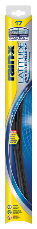 Emery Jensen RainX LAT 17-inch wiper blade installed on a vehicle, designed for clear windshield visibility in all weather conditions.