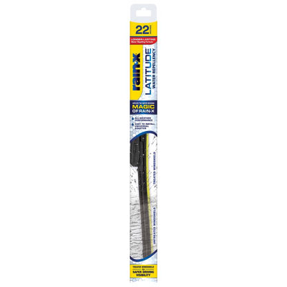Emery Jensen Rain-X LAT 22-inch wiper blade installed on a vehicle for clear windshield visibility.