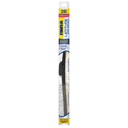 Emery Jensen Rain-X LAT 28-inch wiper blade mounted on a vehicle, showcasing durable rubber and sleek design for clear windshield visibility.