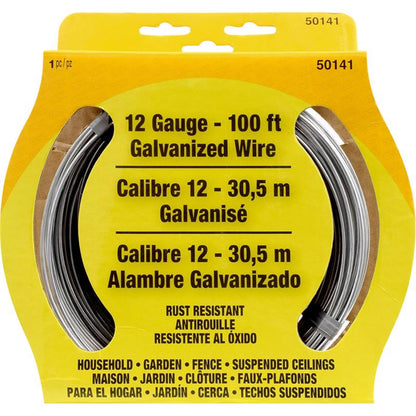 Steel wire 12 gauge by Emery Jensen, 100 feet length, shown coiled and ready for use in fencing or craft projects.
