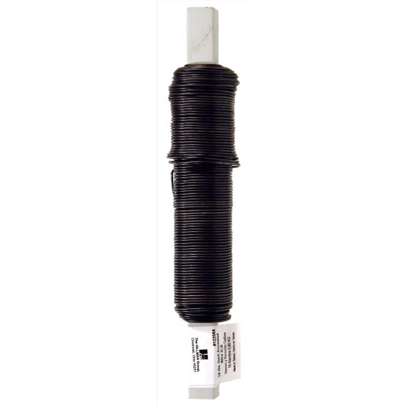 Black annealed steel wire, 16 gauge, by Emery Jensen, shown coiled and ready for use in various industrial or crafting applications.