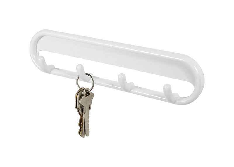 Emery Jensen white adhesive hook for wire organizers, mounted on a wall, demonstrating versatile cable and cord management.