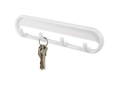 Emery Jensen white adhesive hook for wire organizers, mounted on a wall, demonstrating versatile cable and cord management.