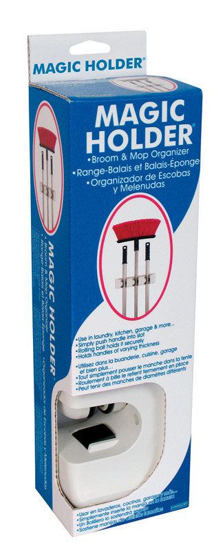 Emery Jensen Magic Holder Mop Organizer wire rack for storing mops and cleaning tools on a wall or in a utility closet.