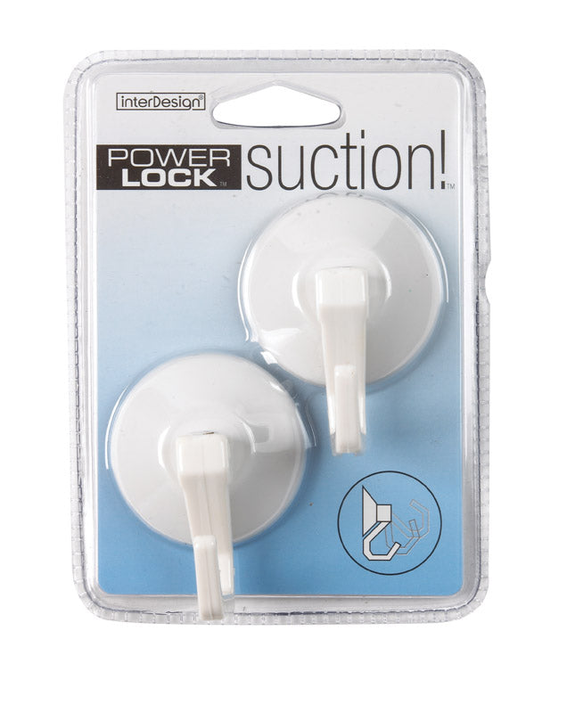Two white Emery Jensen suction cup hooks attached to a smooth surface for wire organization and hanging items.