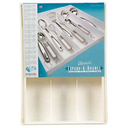 Emery Jensen wire organizer tray for cutlery, with expandable sections for utensils and kitchen tools.