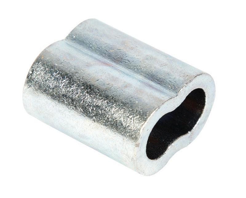 Aluminum cable sleeve for wire rope clips, 1/8 inch size, by Emery Jensen, shown with smooth metal sleeve for securing wire ropes.