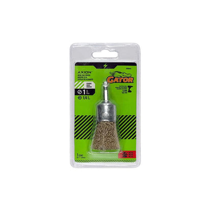 Emery Jensen 1-inch coarse end brush wire wheel for grinding and surface preparation on metal surfaces.