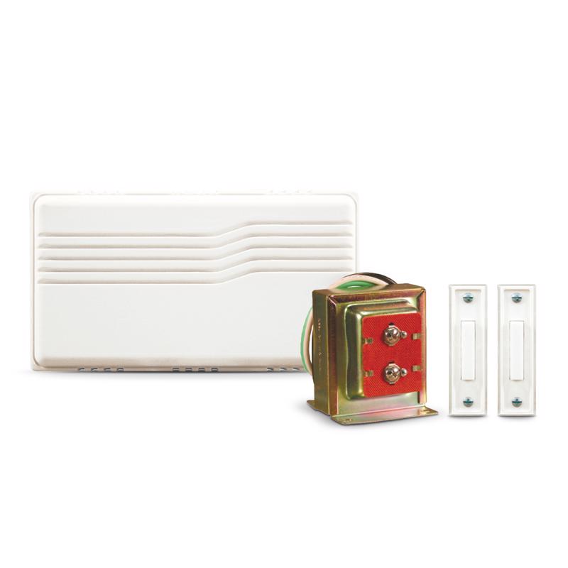 Emery Jensen wired doorbell chime kit with white finish and two push buttons, ideal for home security and door alert system