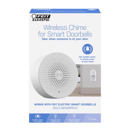 Emery Jensen wireless doorbell with white door chime bell, mounted on wall, modern design, easy to install.