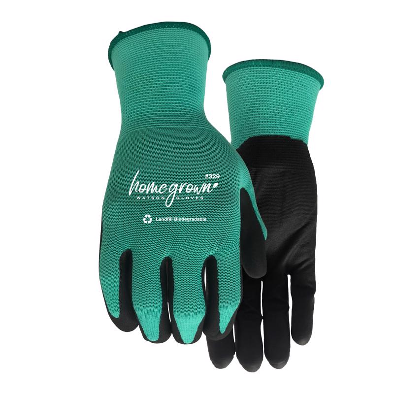 Emery Jensen women's dipped gloves in jade nylon, showcasing a snug fit and smooth texture.