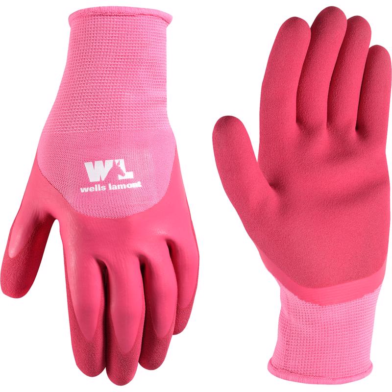 Pink women's dipped gloves by Emery Jensen, latex material, size small, shown on a model's hands.