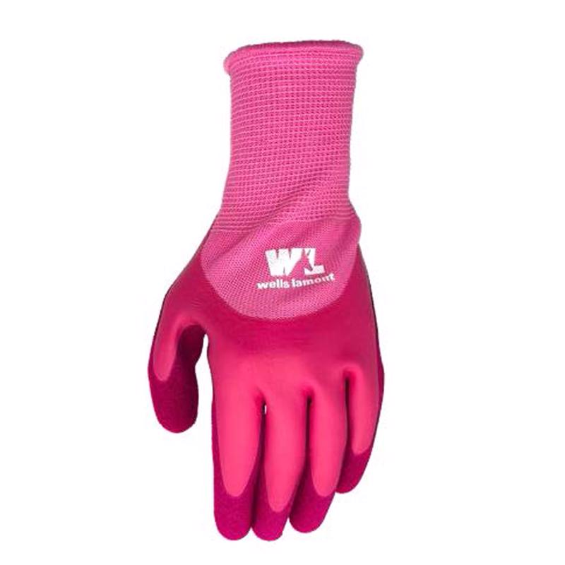 Emery Jensen women's pink leather chore gloves, medium size, showing close-up of soft leather material and stitched detailing.