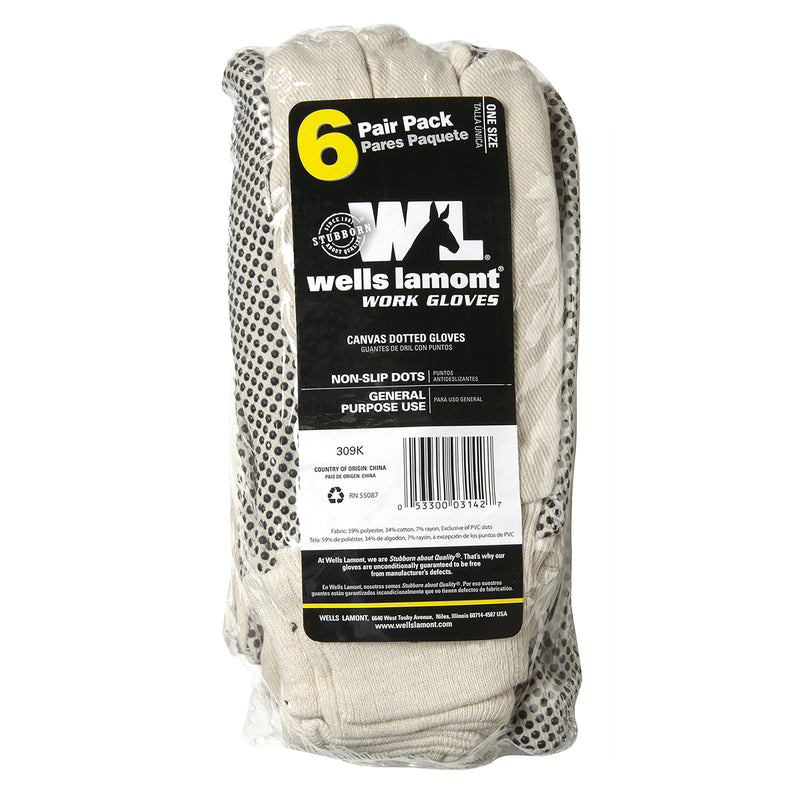 Six pairs of Emery Jensen women's dotted canvas work and garden gloves, lightweight and durable for gardening tasks.