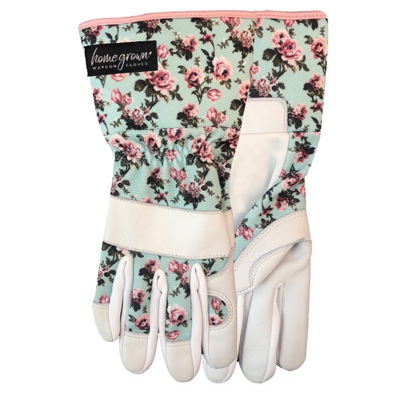 Emery Jensen women's gardening gloves in small size with durable fabric and floral pattern, suitable for gardening tasks.