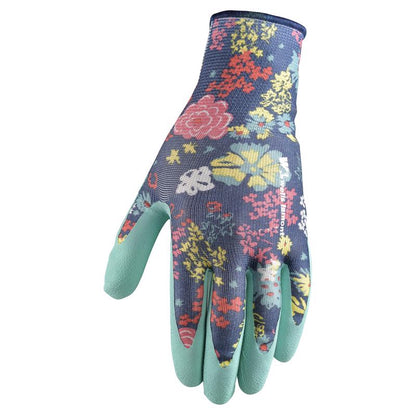 Pair of Emery Jensen women's garden work gloves with floral pattern, designed for comfortable gardening and outdoor tasks.