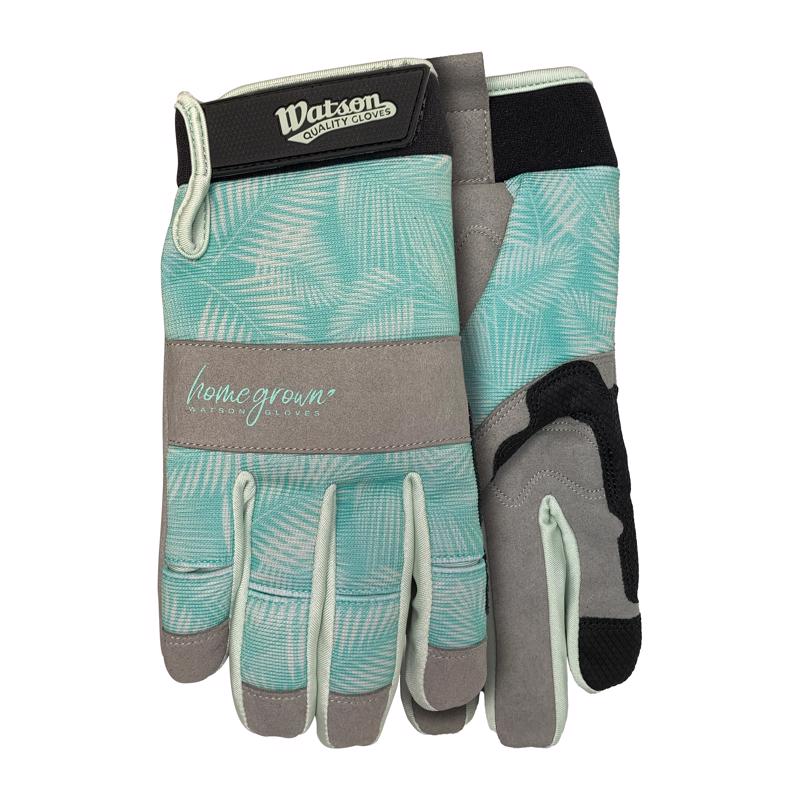 Emery Jensen women's work and garden gloves with tropical leaf pattern, durable fabric for gardening and outdoor tasks.