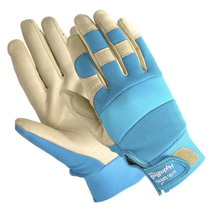 Emery Jensen women's teal work and garden gloves in medium size, showing durable fabric and reinforced fingertips.