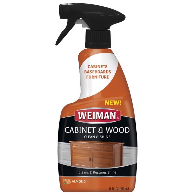 Emery Jensen wood cleaner spray in a 16oz bottle, designed for cleaning and polishing cabinets and wooden surfaces.