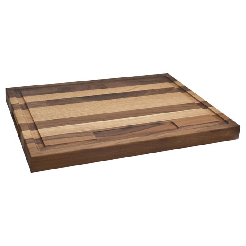 Large Emery Jensen wood cutting board, 16 inches long, ideal for meal prep and chopping in the kitchen.