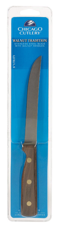 Emery Jensen 6-inch stainless steel utility knife with a brown wood handle, open stock, suitable for versatile kitchen tasks.