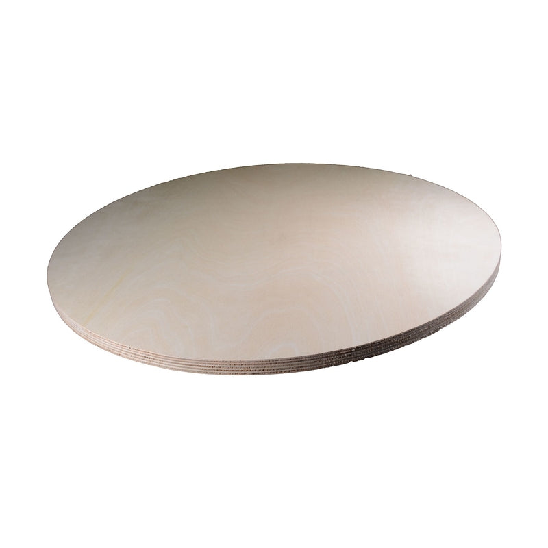 Round plywood wood paneling from Emery Jensen, 23-3/4 inches diameter and 3/4 inch thick, showing natural wood grain surface.
