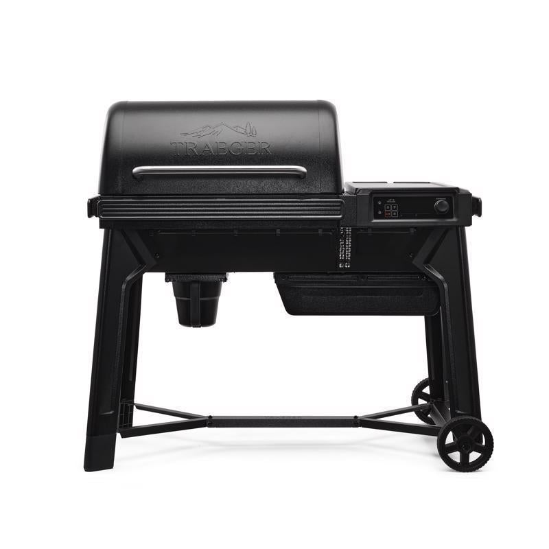 Emery Jensen Woodridge wood pellet smoker and grill, outdoor cooking appliance with digital controls and hopper for wood pellets