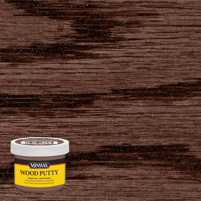 Walnut-colored Emery Jensen wood putty dough in a 3.75oz container, used for repairing and filling wood surfaces.