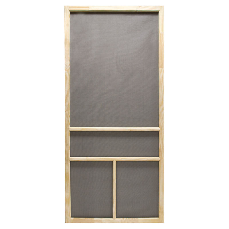 Wood screen door by Emery Jensen, Dogwood 36-inch wood screen door with decorative frame and mesh screen for ventilation.