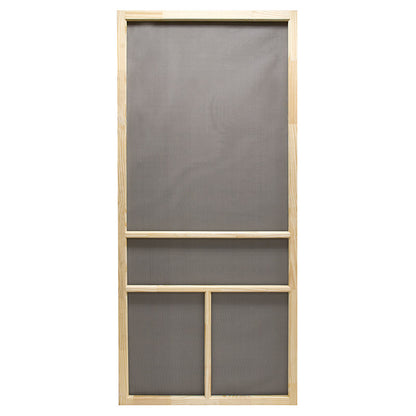 Wood screen door by Emery Jensen, Dogwood 36-inch wood screen door with decorative frame and mesh screen for ventilation.