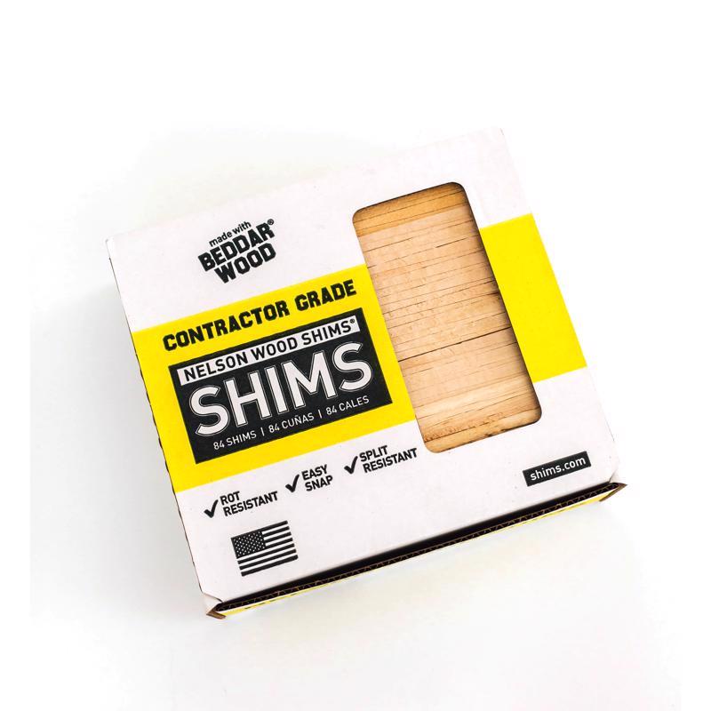 Emery Jensen 8-inch contractor wood shims in a box, used for leveling and aligning building and construction projects.