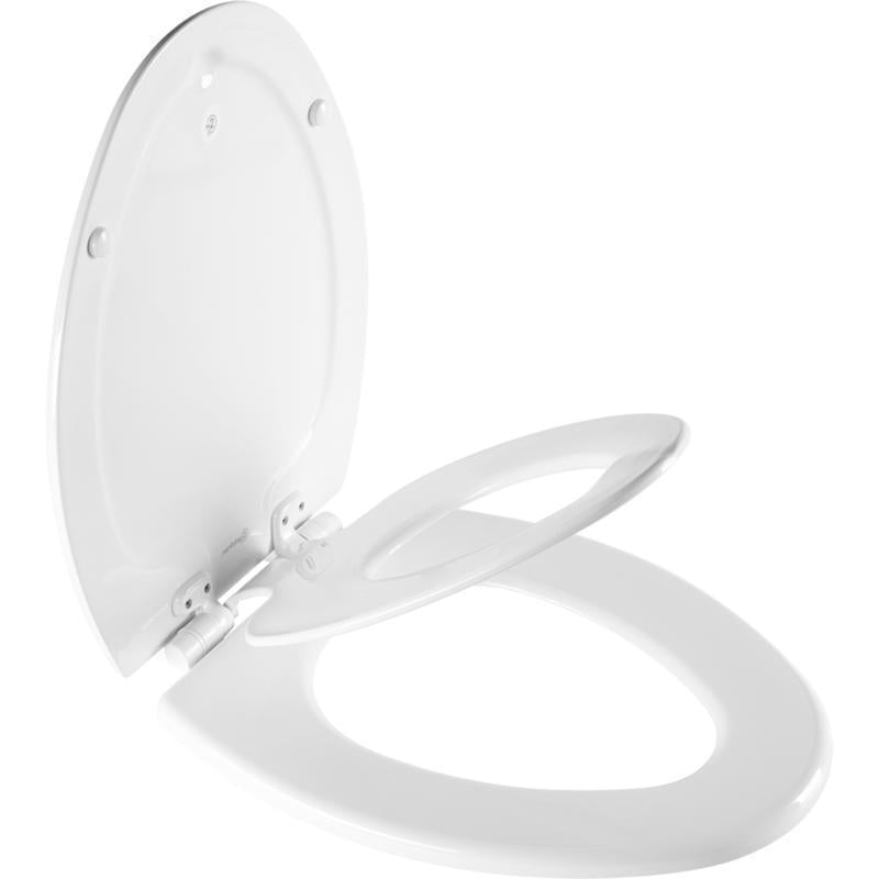 Emery Jensen wood toilet seat in white with silver hinges, designed for comfort and durability.