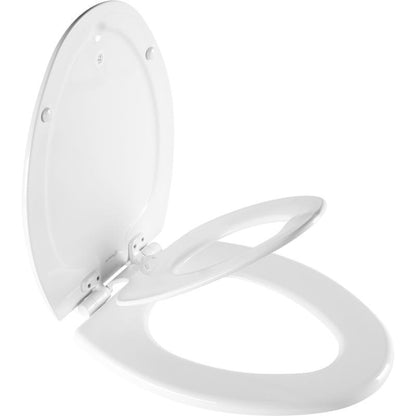 Emery Jensen wood toilet seat in white with silver hinges, designed for comfort and durability.