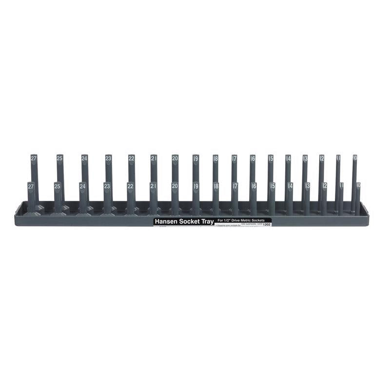 Emery Jensen workspace organizer with a 1/2-inch drive metric socket tray for tool storage and organization.