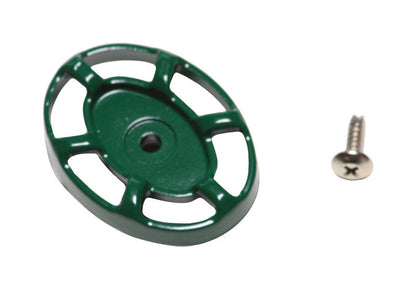 Green yard hydrant with an oval handle and screw, manufactured by Emery Jensen, designed for outdoor water access.