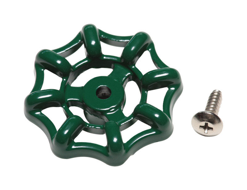 Green yard hydrant wheel handle with screw by Emery Jensen, designed for easy operation and durable outdoor use.