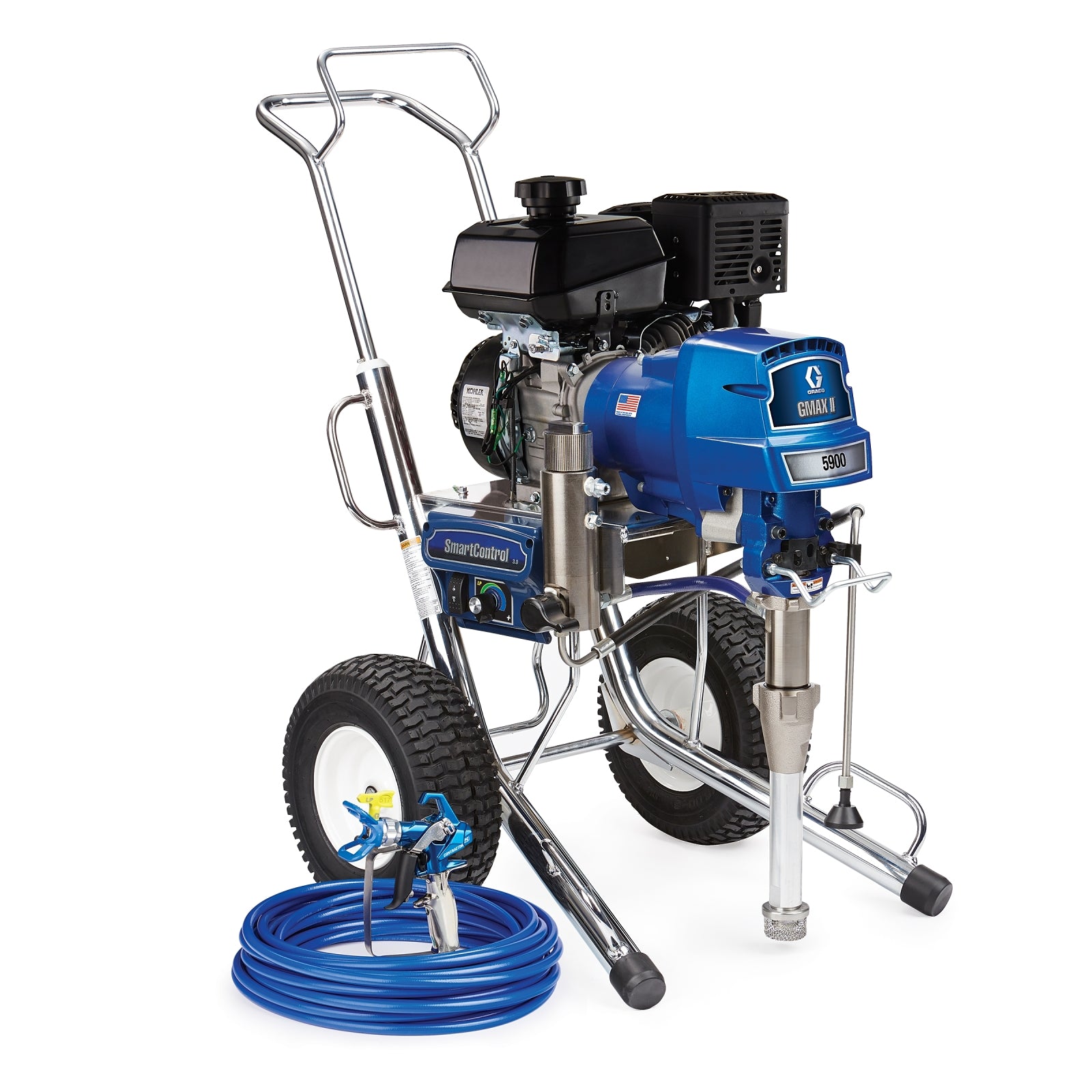 Graco GMAX 5900 airless sprayer with Kohler engine, professional-grade paint sprayer, and sturdy construction.