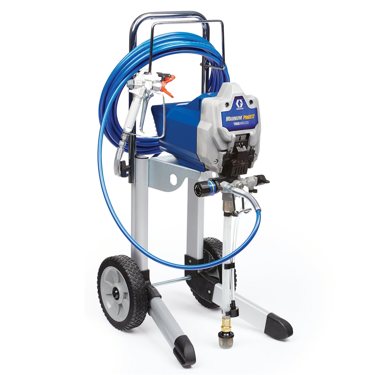Graco MAGNUM Sprayer prox17 cart airless sprayer with 120V power, shown with spray nozzle and professional-grade design