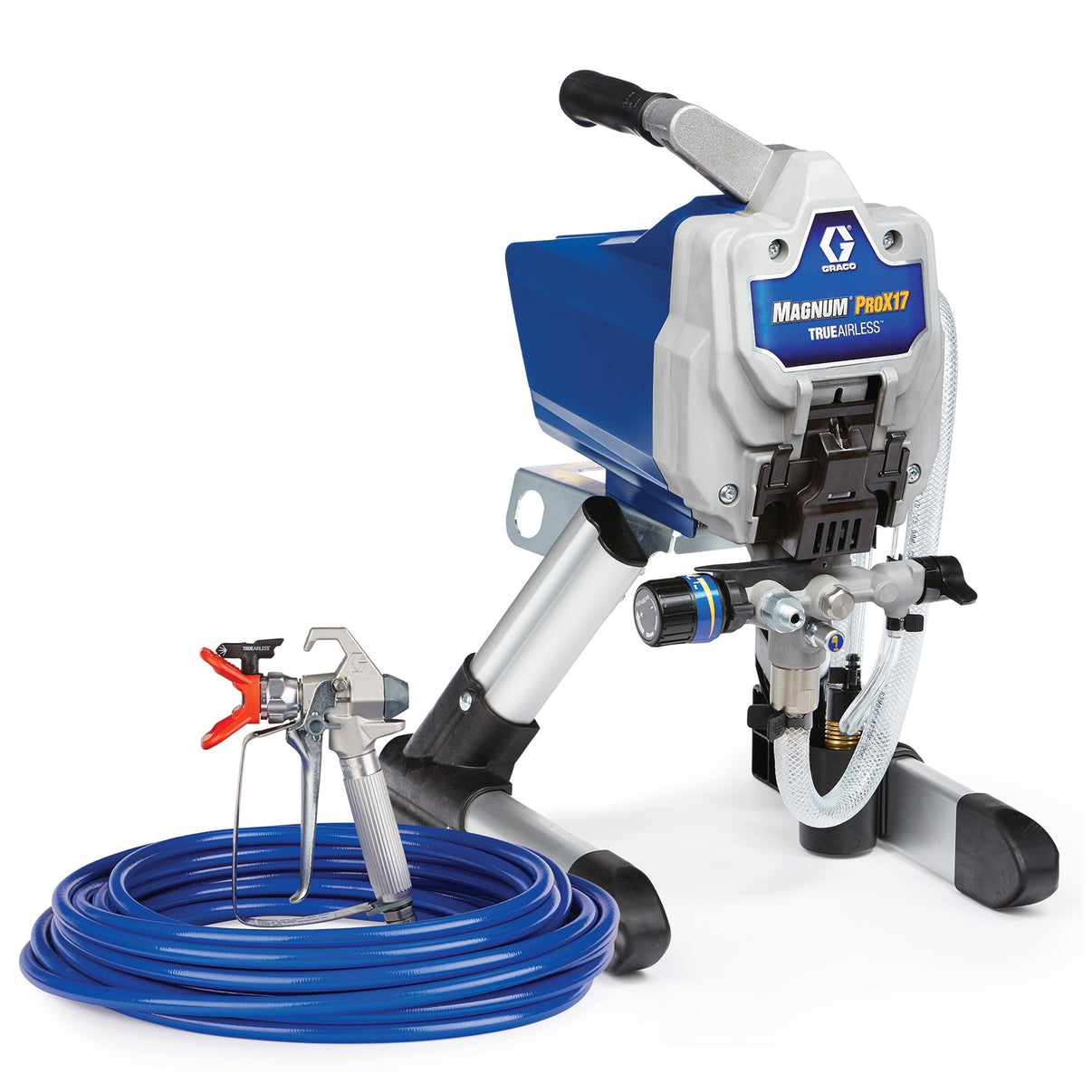 Graco Magnum Sprayer ProX17 stand with 120V airless sprayer for painting and coating projects.